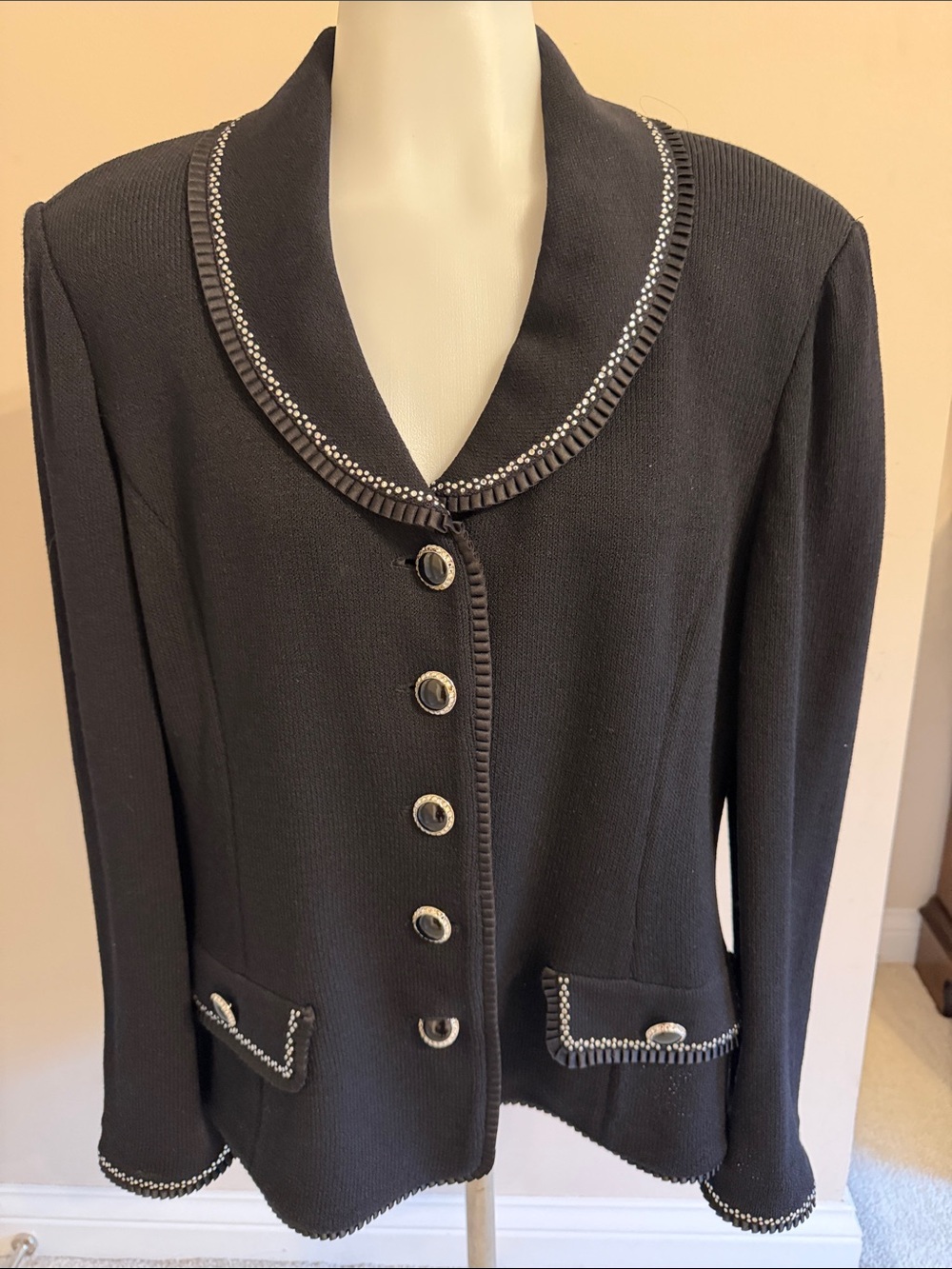 St. John Evening Black Crystal and Stud Embellished Ribbon-Trim Blazer